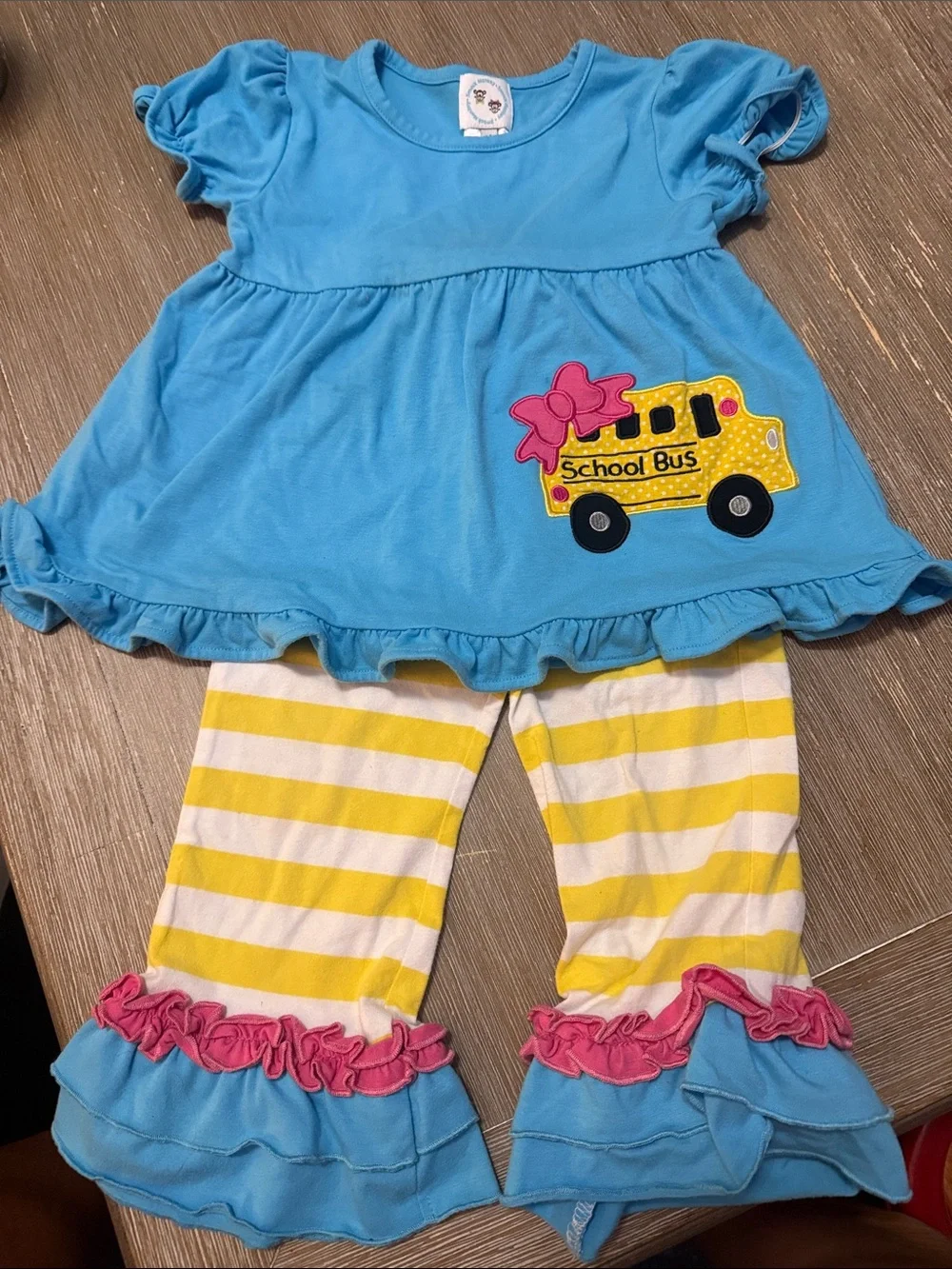 Blue School Bus Ruffle Top & Yellow Stripe Legging Set